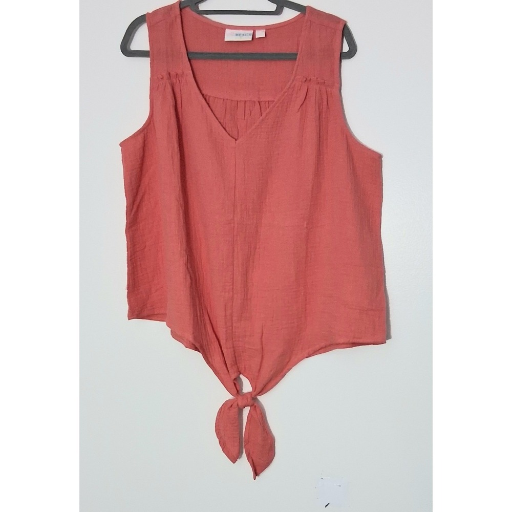 Belle Beach by Kim Gravel Tank Top Size 1X  Cotton Gauze Tie-Front w/Ruffle Trim